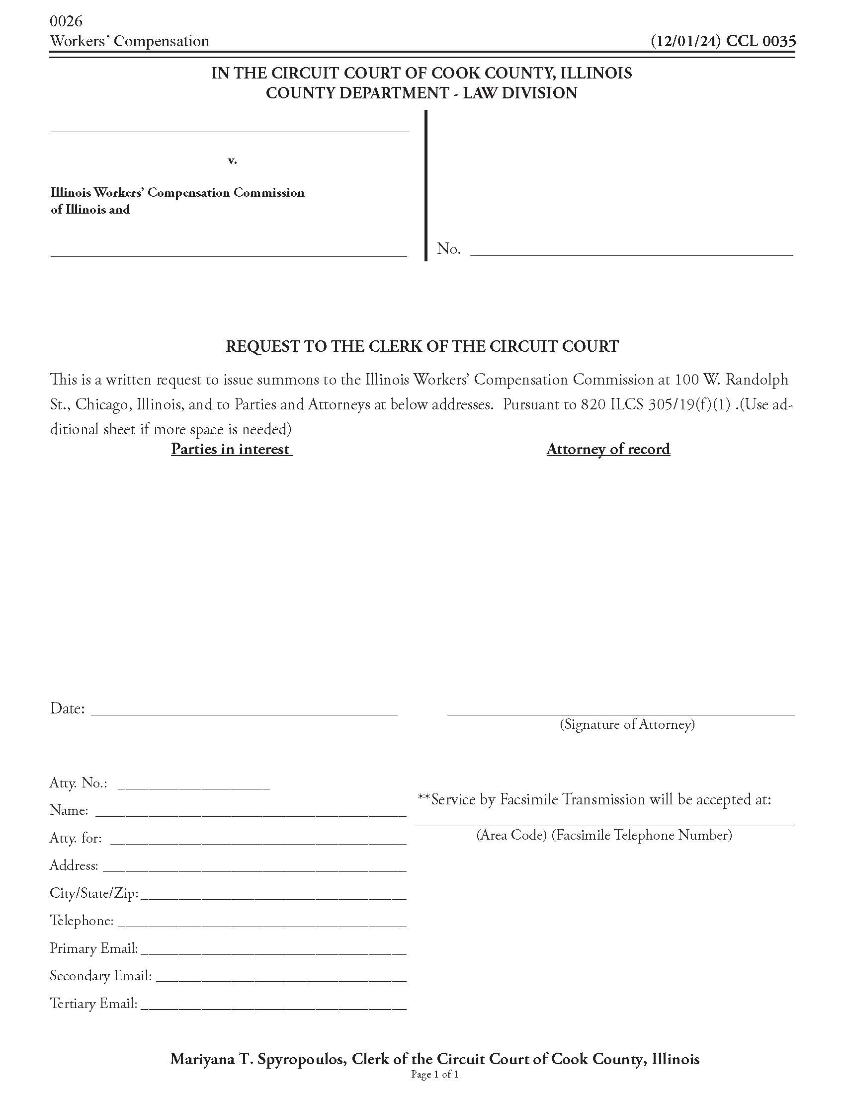 Request To Clerk Of Circuit Court [For Workers Comp Summons] {CCL 0035} | Pdf Fpdf Doc Docx | Illinois